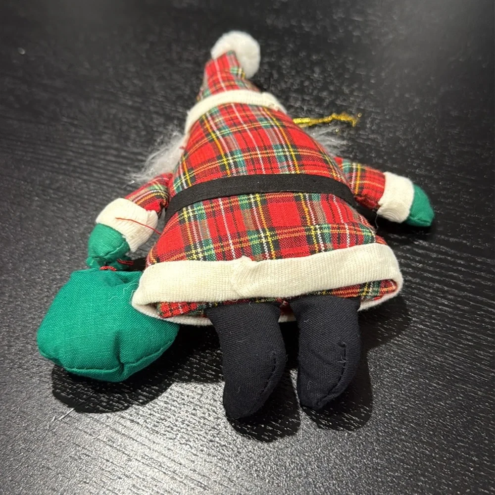 Vintage Plush Ornament Plaid Santa Claus Holiday Tree Decoration Decor